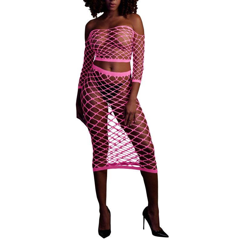 Ouch! Glow Bustier et Robe Filet Épaules dénudées Rose Fluo